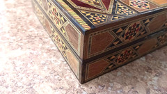 Wood Backgammon Game Box Vintage Inlaid Wood Middle Eastern Mosaic 16x8x3 inches