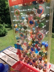 Vintage RATTLE BATTLE and small Jars with tops plastic DISPLAY with MARBLES!