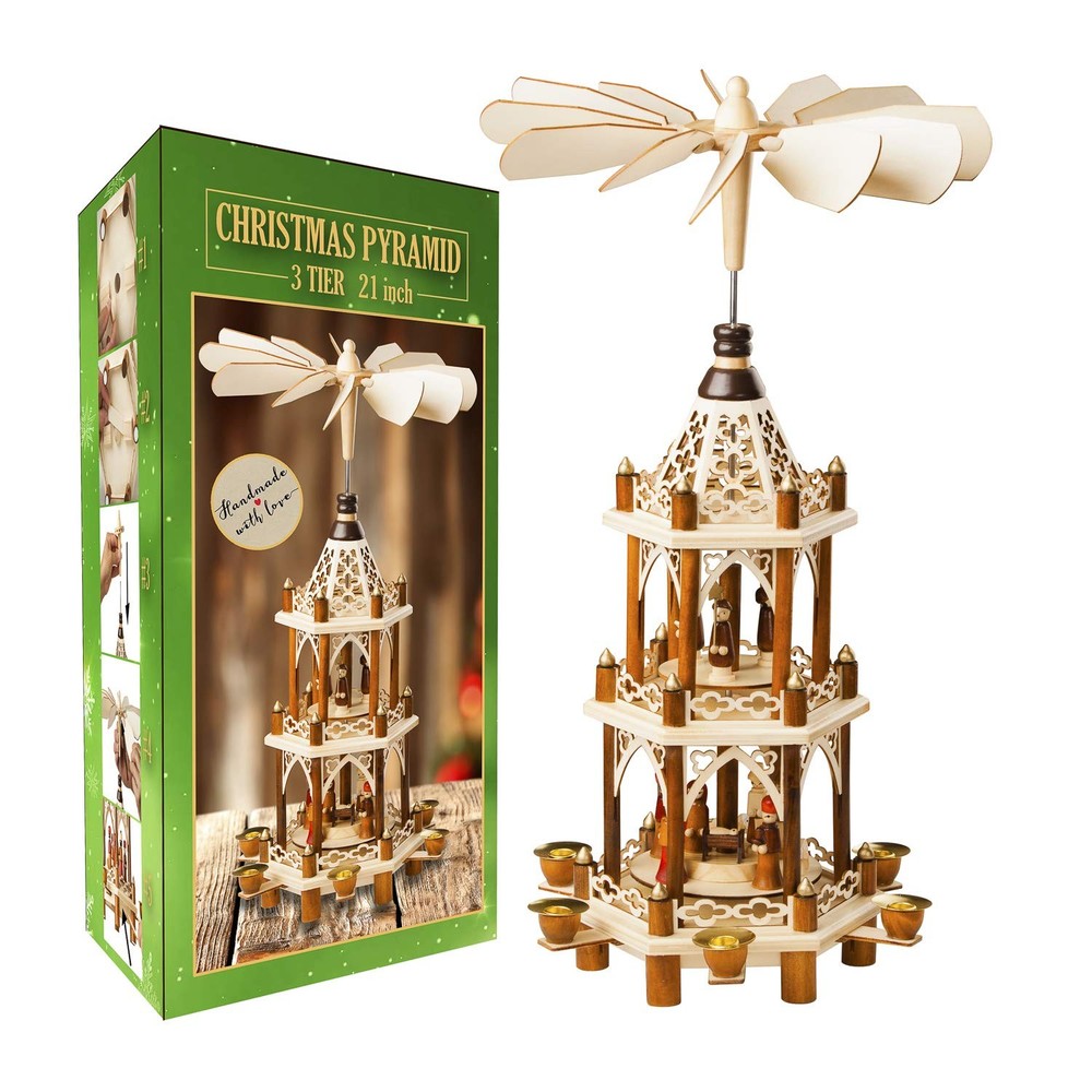 German Christmas Decoration Pyramid – 21 Inches – Wood Nativity Scene Natural
