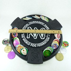 Lot of 100 Pogs, 6 Slammers Ready To Play Tournament Game Board & Pad from 1990s
