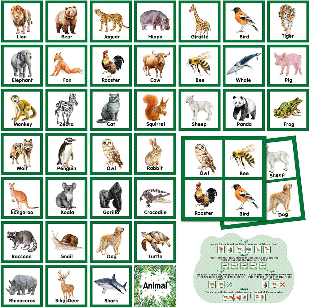 82 Pcs Memory Matching Games Animals Matching Cards Wild Animals Memory Game Jun