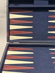 Vintage BACKGAMMON Travel Game Set Navy Blue Faux Leather Folding Case Compact