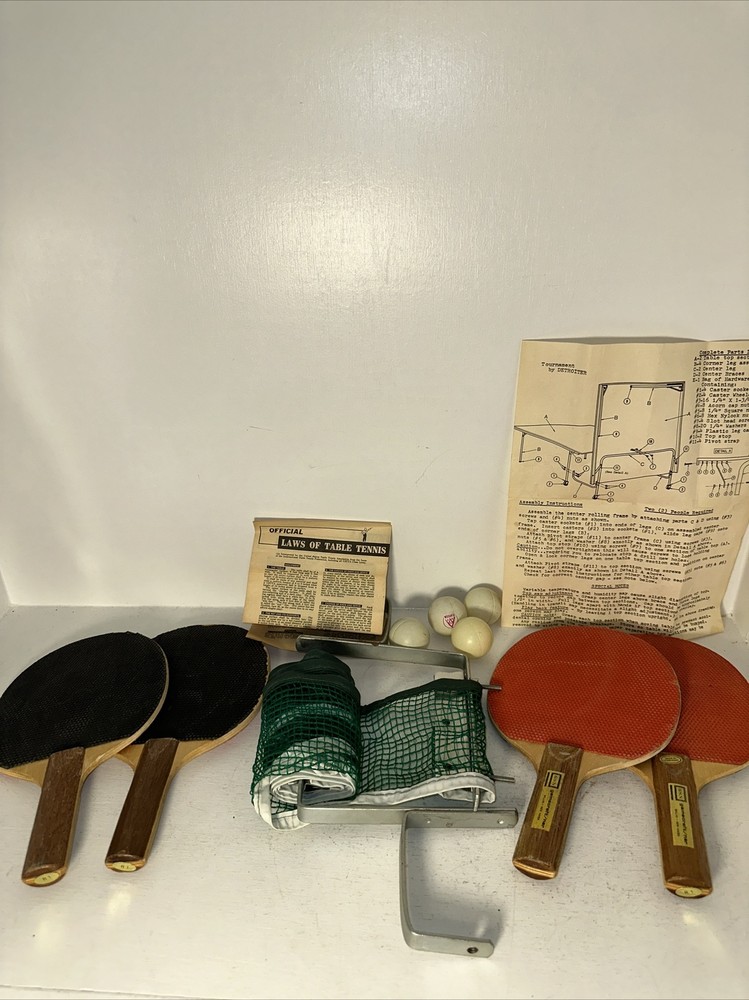 Ping Pong Set Vintage 4 Paddles Balls Rule Book Net Table Tennis