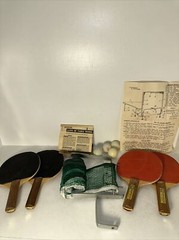 Ping Pong Set Vintage 4 Paddles Balls Rule Book Net Table Tennis