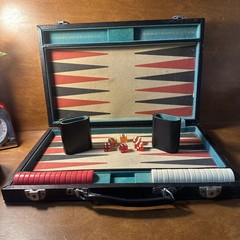 VTG Backgammon Board Game Set Faux Leather Brown Tan/black-red Stripes 18X12”
