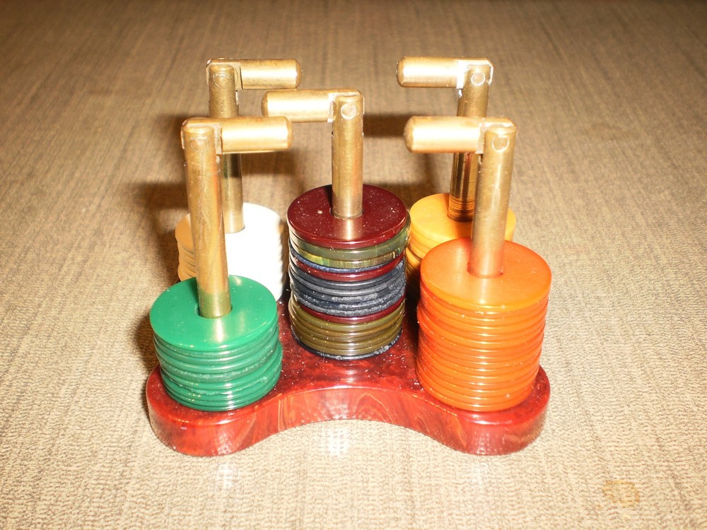 VTGE MAH JONG MAJONG SWIRLED RED BURGUNDY CATALIN BAKELITE CHIP COIN BANK CADDY