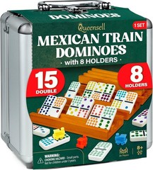 Queensell Mexican Train Dominoes Set Double 15 with 8 Holders – Wooden Hub and T