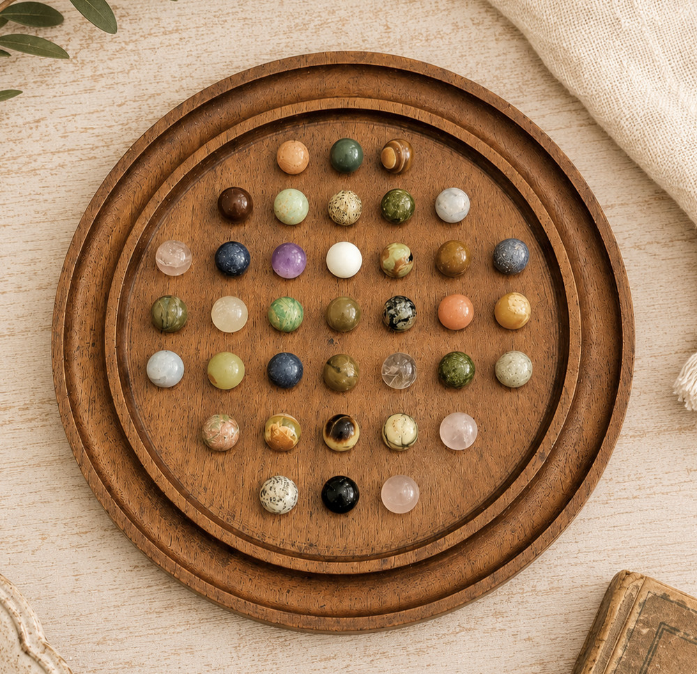 Vintage Wooden Solitaire Game with 37 Semi-Precious Stone Marbles
