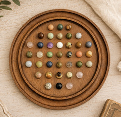 Vintage Wooden Solitaire Game with 37 Semi-Precious Stone Marbles