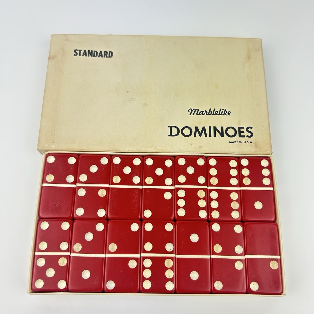Vintage No. 616 Standard Marblelike Red 28 Dominoes Set Complete In Original Box
