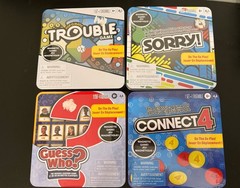 Magnetic travel games, including Sorry!, Connect 4, Trouble, Guess Who