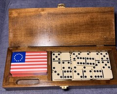 Vintage Game set of 28 Dominoes, Cribbage and Playing Cards In Walnut Case