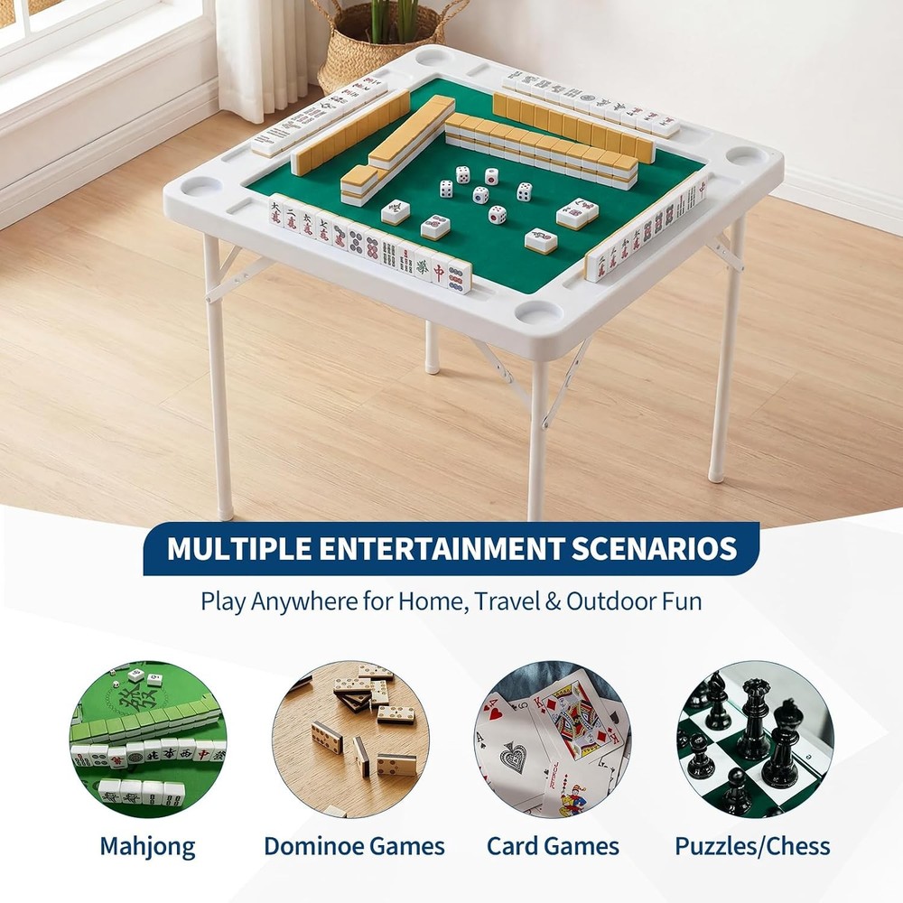 Mahjong Table 4Player Folding Card Table w/Cup Holders&Trays,HDPEwater-resistant