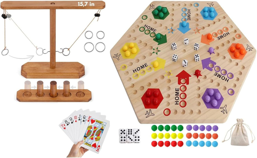 Wooden Wahoo Marble Board Game , Double-Sided, for 2-6 Players, with 24 Marbles