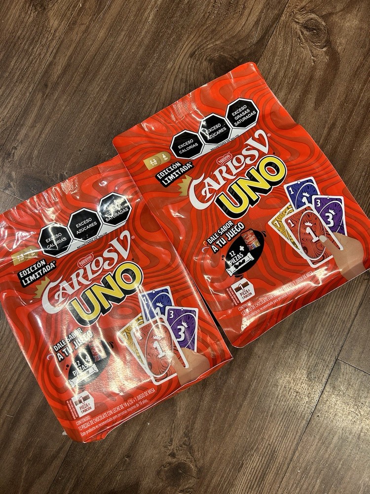 2 PACK Mattel Uno Carlos V Nestle Card Game Special Edition w/12 Chocolate Bars