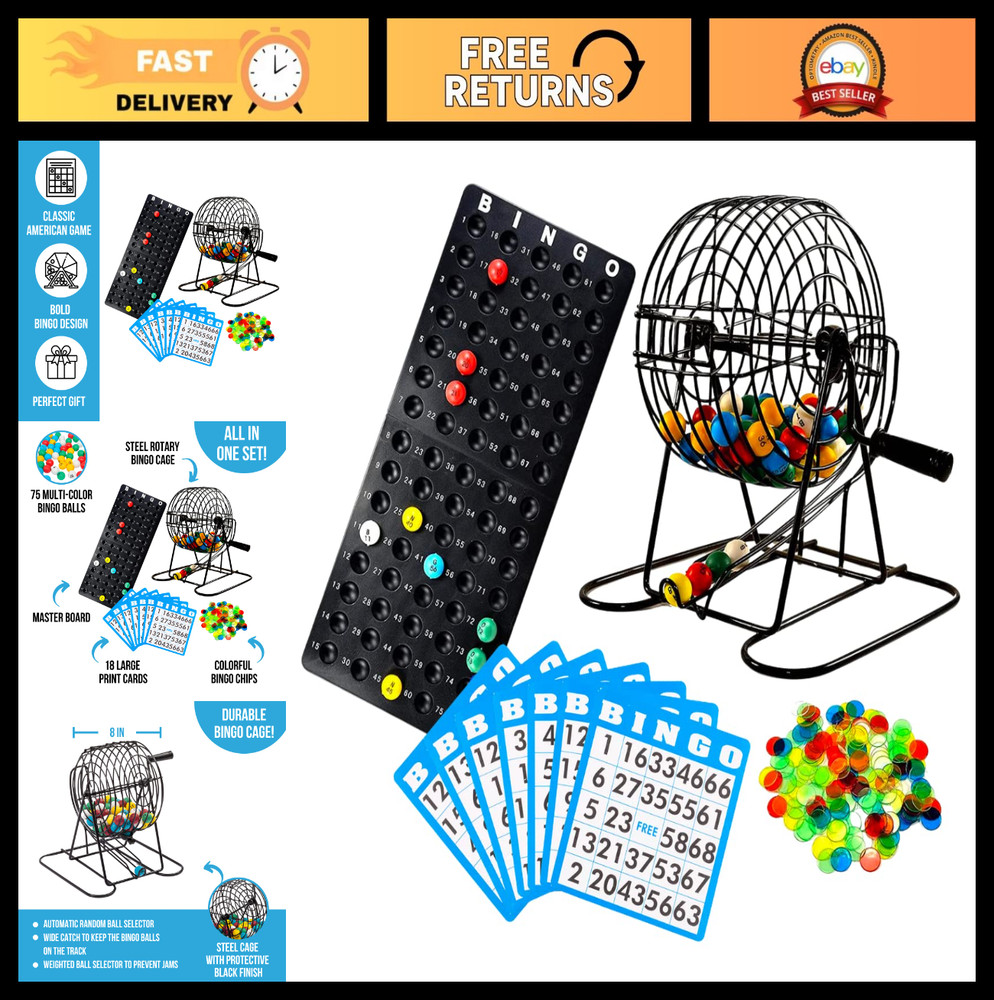 Deluxe Bingo Game Set with Cage, Board, Balls, 18 Cards & Chips – Fun Family Gam