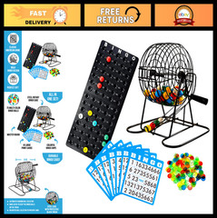 Deluxe Bingo Game Set with Cage, Board, Balls, 18 Cards & Chips – Fun Family Gam