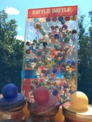 Vintage RATTLE BATTLE and small Jars with tops plastic DISPLAY with MARBLES!