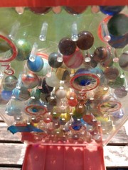 Vintage RATTLE BATTLE and small Jars with tops plastic DISPLAY with MARBLES!