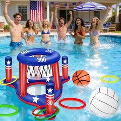 Pool Games Set 3-in-1 Volleyball Net Basketball Hoop Ring Toss Large July 250th