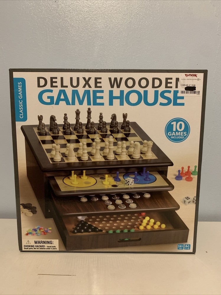 Deluxe Wooden Game House (10 Games) chess checker pachisi dice solitaire & more