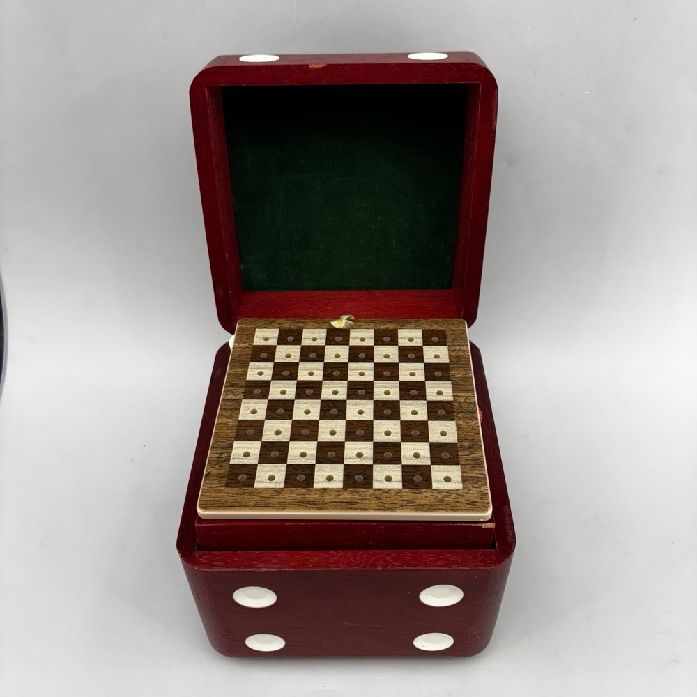 Vintage Cube Compact Portable Multi Game Set in Wooden Dice Box Japan Cards