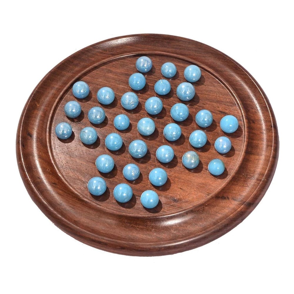 Solitaire Board in Wood with Glass Marbles Unique Game 9 inch
