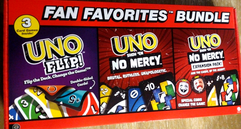 UNO Fan favorites Bundle: UNO Flip, UNO No mercy & No Mercy Expansion Pack. T14