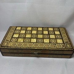 Vintage Handmade Inlaid Wood Chess Backgammon Game Box Mosaic Style 46Pc Notes
