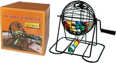 Deluxe Bingo Game Set – Metal Round Cage, 75 Colored Bingo Balls, 100 Bingo C…
