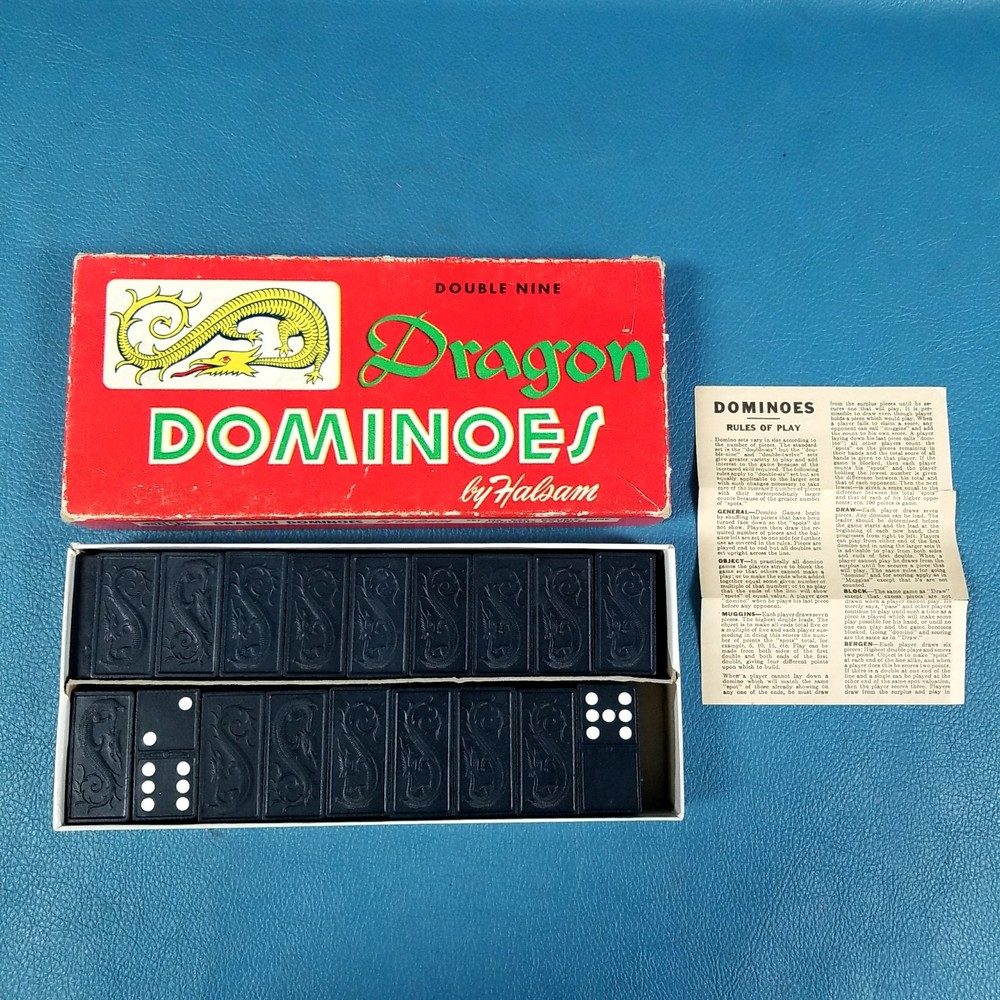 VTG Double Nine Dragon Wood Dominoes Halsam #920 Complete Set Box Manual