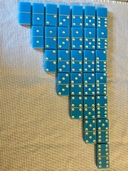 Vintage Two-Tone Blue and White Double Six Dominoes Complete 28 Set Wood Box