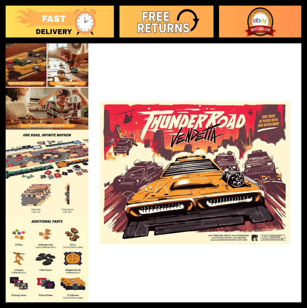 Post-Apocalyptic Racing Board Game – Thunder Road Vendetta – 2-4 Players, 30-75
