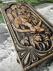Wolves Handmade Wooden Backgammon Set 19″ Ukraine Hand Carved Wolf Board + cover