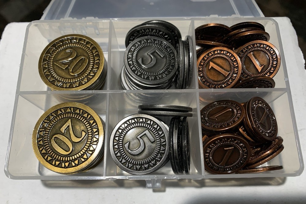 Generic, Modern, or Sci fi Metal Board Game Coins with Plastic Storage Box