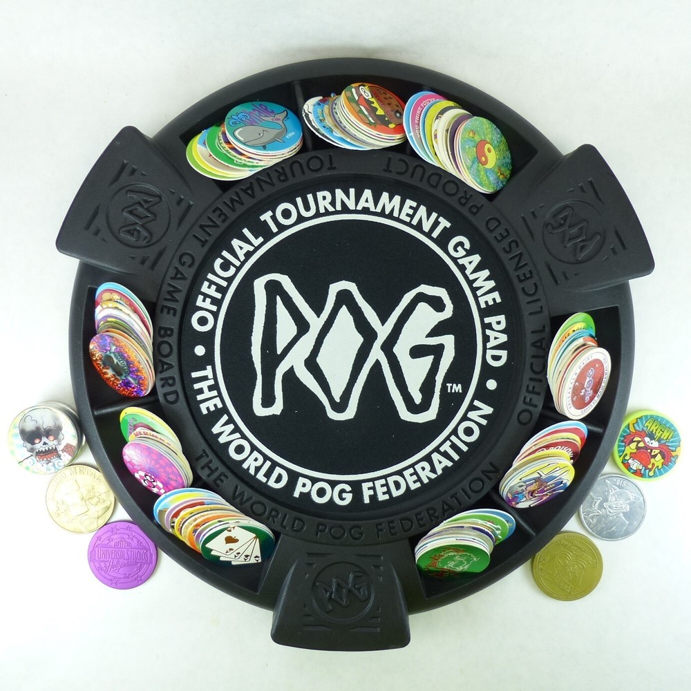 Lot of 100 Pogs, 6 Slammers Ready To Play Tournament Game Board & Pad from 1990s