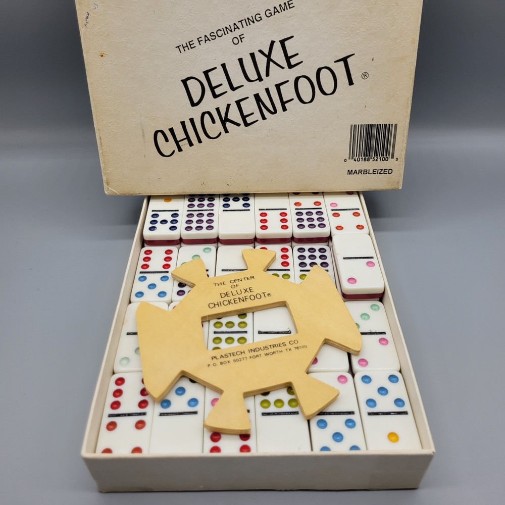 Vtg 1986 Deluxe Chickenfoot 55PC Multicolor Double Nine Dominoes Plastech