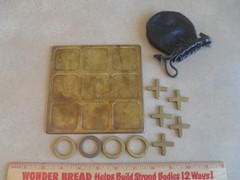 Vintage Brass Tic Tac Toe Board Game – 5.625″ Square – 5 X and 4O Pieces