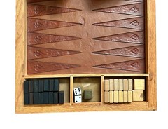 Vintage Backgammon Game Hand Tooled Leather Wood Wooden Brass Piece Hand Made