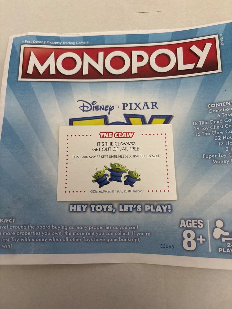 2018 Monopoly Toy Story Get Out Of Jail Free Chance Claw Card Game