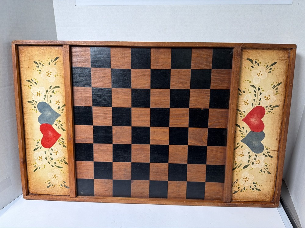 Hand Painted Wooden Checkerboard Chess Board Folk Art Hearts Floral Decor