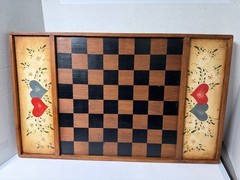 Hand Painted Wooden Checkerboard Chess Board Folk Art Hearts Floral Decor