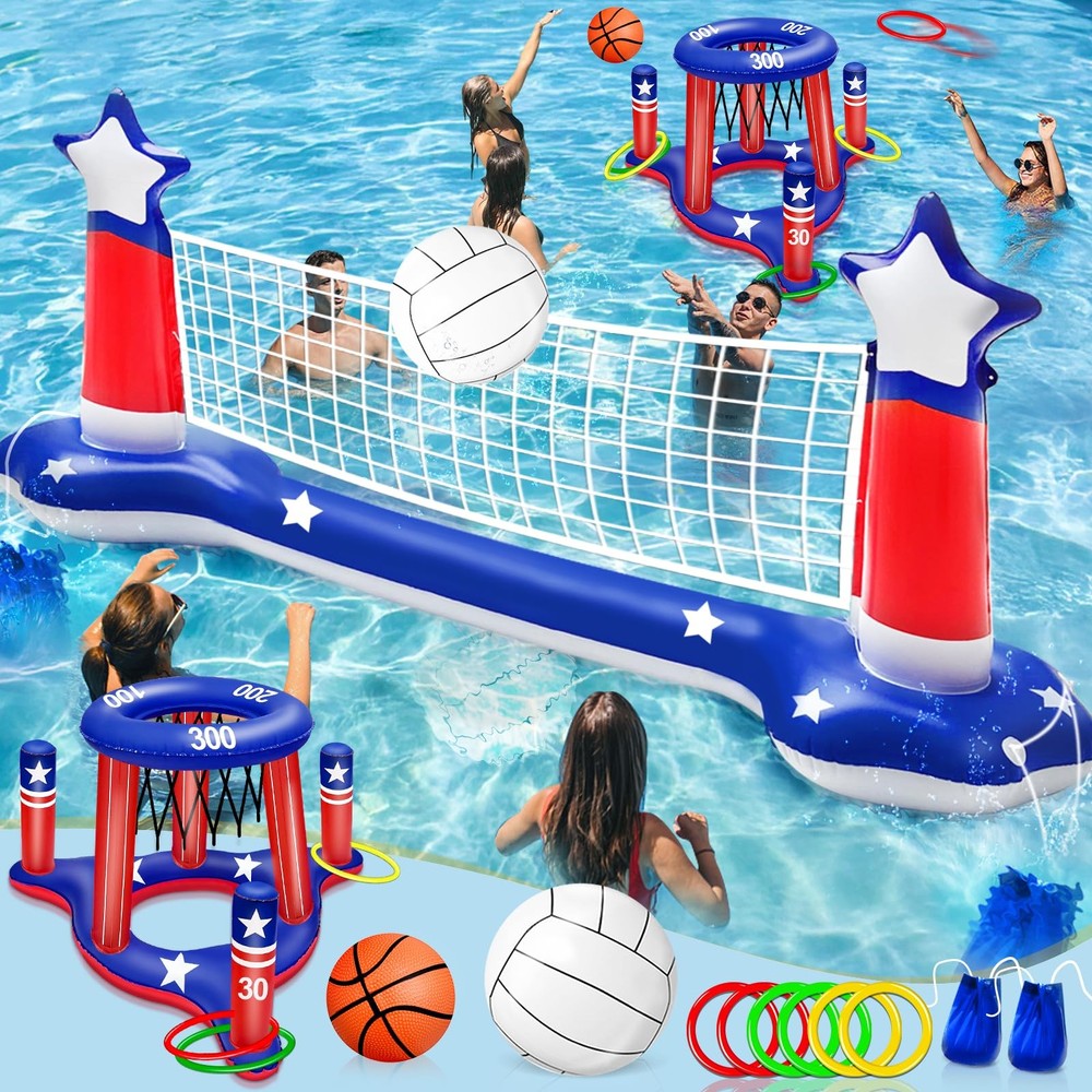 Pool Games Set 3-in-1 Volleyball Net Basketball Hoop Ring Toss Large July 250th