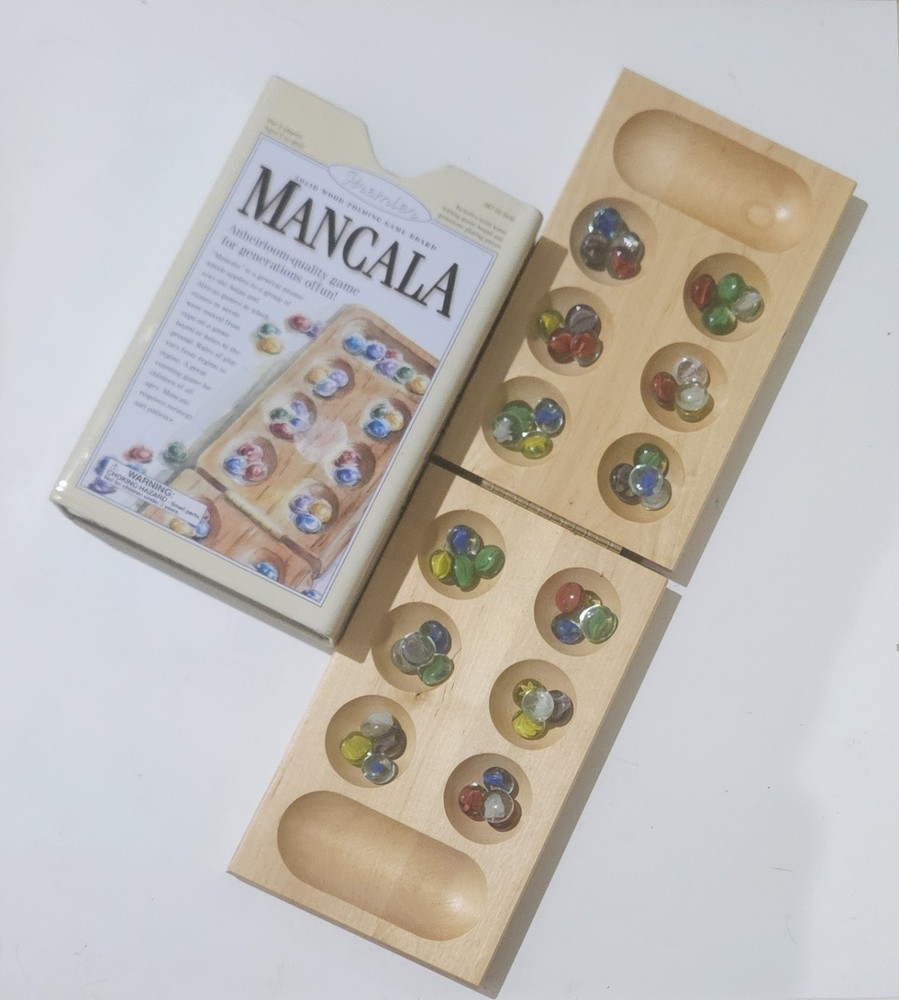 Mancala Solid Wood Folding Game Board & Gemstones Pieces