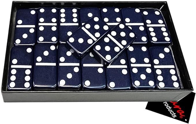 Dominoes Double Six Jumbo Set of 28 Navy Blue title w/White Dots (US Seller)