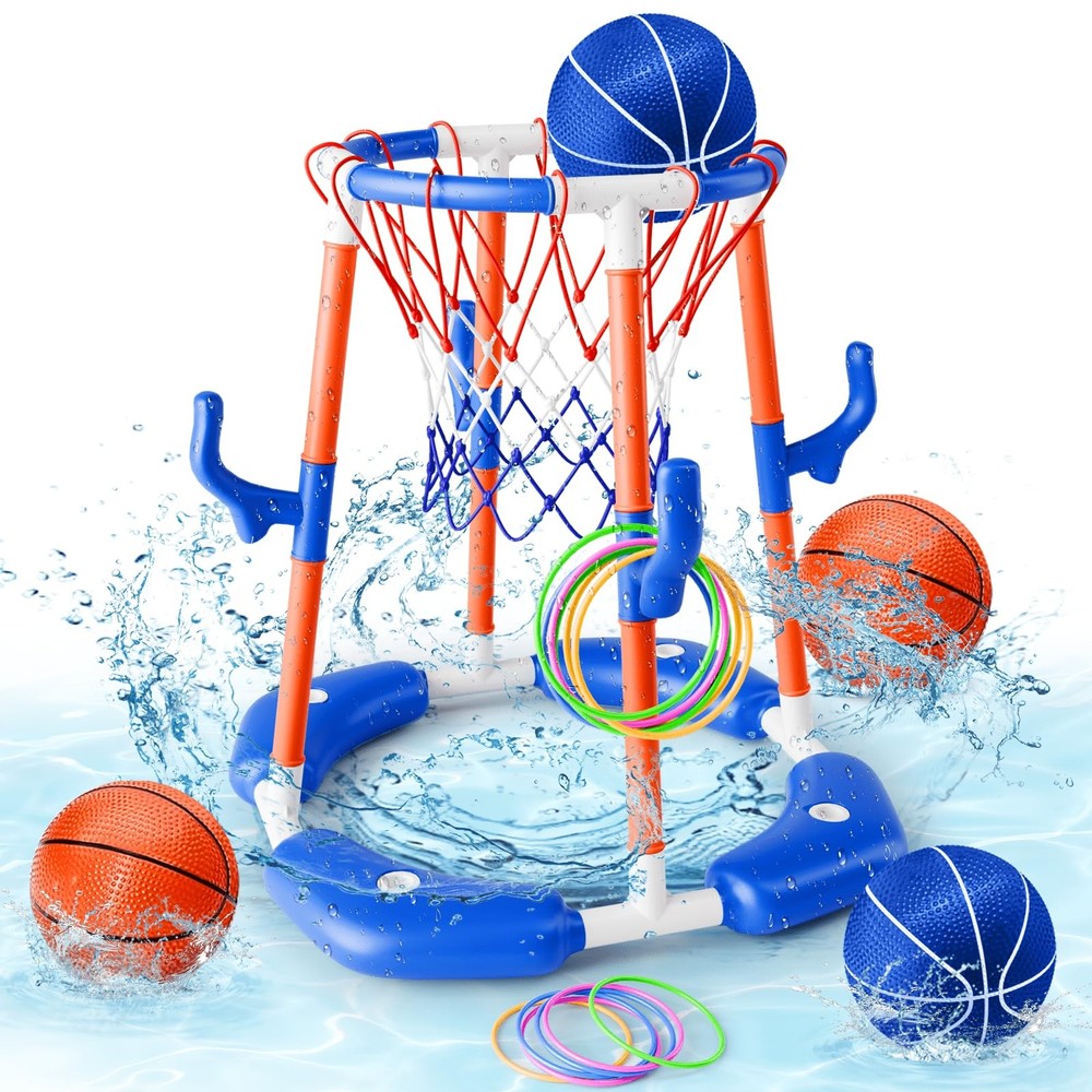 Pool Basketball Hoop 2-in-1 Floating Ring Game 4 Balls Pump Toys Outdoor