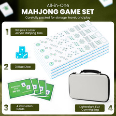 Premium 2-Layer American Mahjong Tiles with 3 Blue Dice, 4 Mahjong Game Cards –
