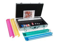 American Mahjong Set – White/Blue Tiles, All-in-One Pusher, Silver Aluminum Case