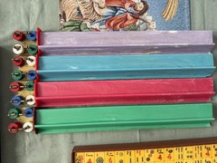 Vintage Mahjong Set Butterscotch Bakelite Tiles & 4 Multicolor Racks