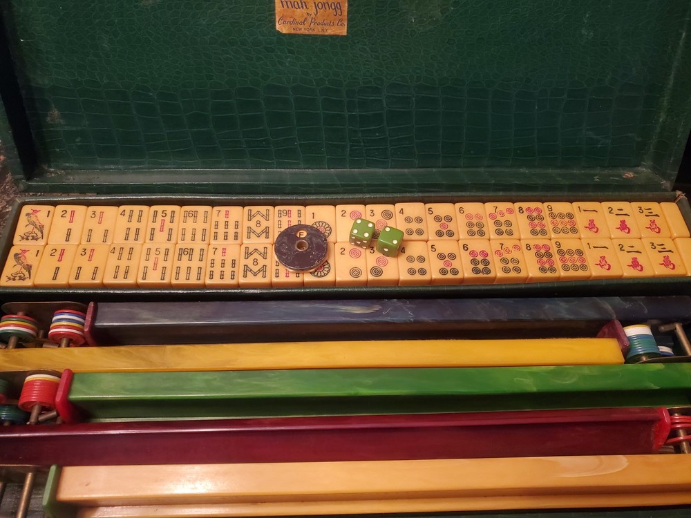 Vtg 1940s Cardinal Mahjong Set Green Alligator Case Standing Pheasant 164 Tiles